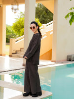 Grey Round Neck Courdroy Solid Night Suit for Women - SanskrutiHomes 