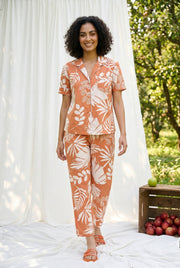 Orange Shirt Collar Tropical Leaf Print Cotton Night Suit For Women