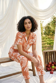 Orange Shirt Collar Tropical Leaf Print Cotton Night Suit For Women