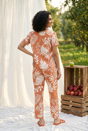 Orange Shirt Collar Tropical Leaf Print Cotton Night Suit For Women