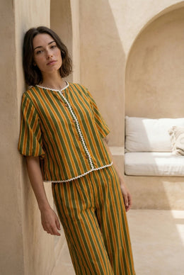 Mustard Striped Round Neck Cotton Night Suit Set For Women