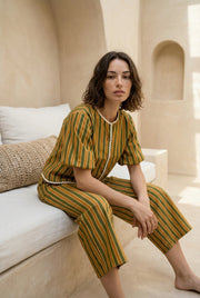 Mustard Striped Round Neck Cotton Night Suit Set For Women