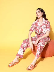 Wine Cotton Printed Night Suit Set With Payjama