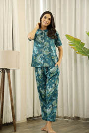 Dark Green Peter Pan Collar Night Suit Pajama Set