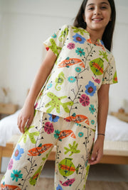 White Floral Print Round Neck Cotton Night Suit Set For Kids