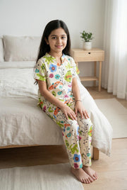 White Floral Print Round Neck Cotton Night Suit Set For Kids