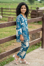 Teal Floral Print Round Neck Pure Cotton Night Suit For Kids