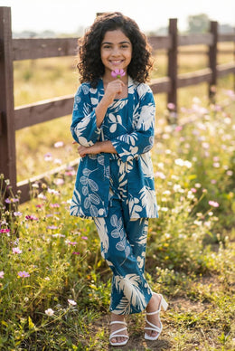 Teal Floral Print Round Neck Pure Cotton Night Suit For Kids