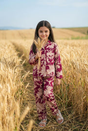 Maroon Lapel Collar Floral Print Pure Cotton Night Suit Set For Kids