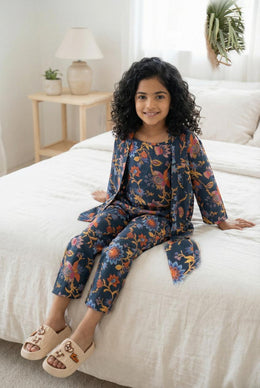 Navy Blue Round Neck Floral Print Pure Cotton Night Suit Set For Women
