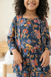 Navy Blue Round Neck Floral Print Pure Cotton Night Suit Set For Women