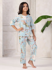 Blue Floral Print Round Neck Night Suit For Kids