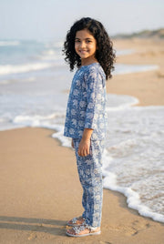 Blue Printed Round Neck Pure Cotton Night Suit For Kids