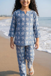 Blue Printed Round Neck Pure Cotton Night Suit For Kids