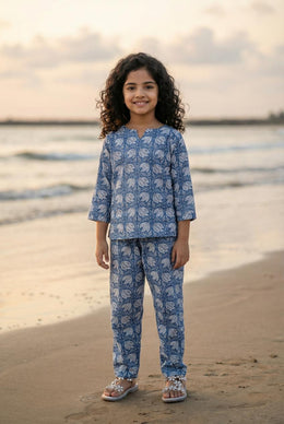 Blue Printed Round Neck Pure Cotton Night Suit For Kids