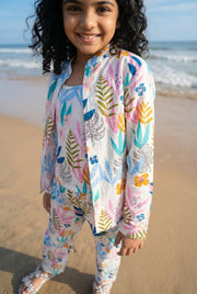 White Mandarin Collar Pure Cotton Floral Printed Night Suit Set For Kids