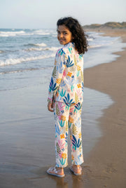 White Mandarin Collar Pure Cotton Floral Printed Night Suit Set For Kids