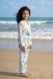 White Mandarin Collar Pure Cotton Floral Printed Night Suit Set For Kids