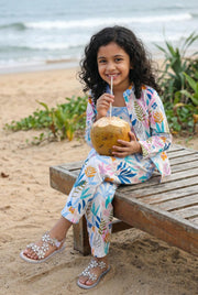 White Mandarin Collar Pure Cotton Floral Printed Night Suit Set For Kids