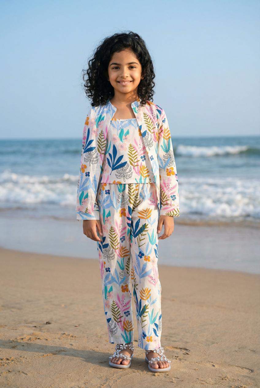 White Mandarin Collar Pure Cotton Floral Printed Night Suit Set For Kids