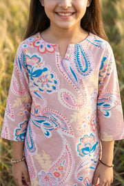 Pink Floral Print Pure Cotton Kurti & Pyjamas Night Suit Set For Kids