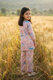 Pink Floral Print Pure Cotton Kurti & Pyjamas Night Suit Set For Kids