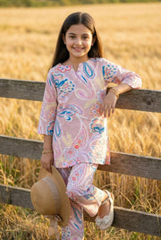 Pink Floral Print Pure Cotton Kurti & Pyjamas Night Suit Set For Kids