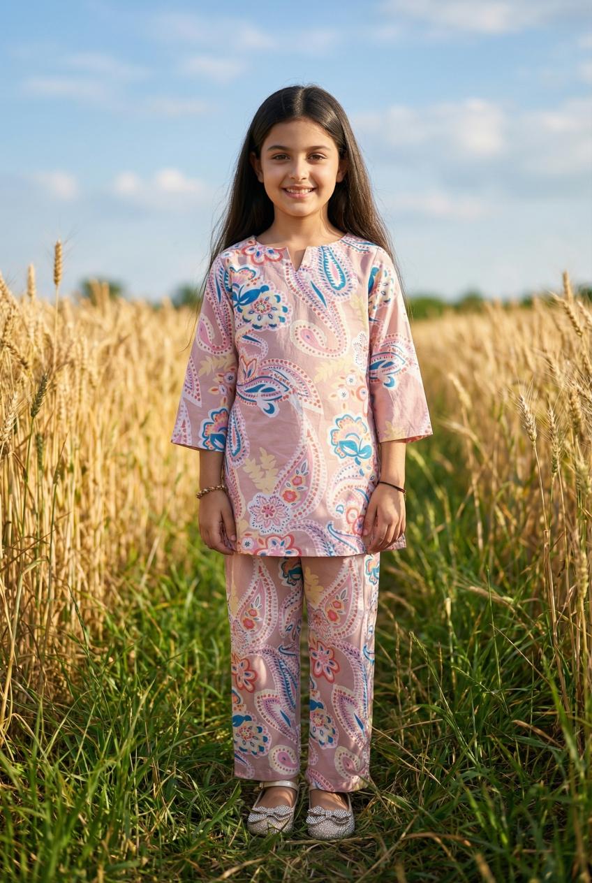 Pink Floral Print Pure Cotton Kurti & Pyjamas Night Suit Set For Kids