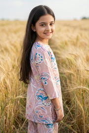 Pink Floral Print Pure Cotton Kurti & Pyjamas Night Suit Set For Kids