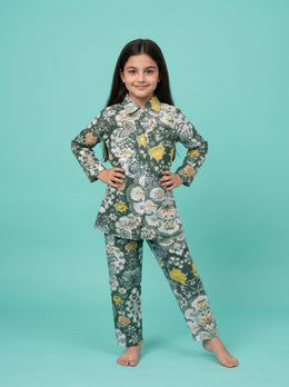 Green Shirt Collar Floral Print Pure Cotton Night Suit For Kids
