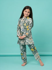 Green Shirt Collar Floral Print Pure Cotton Night Suit For Kids