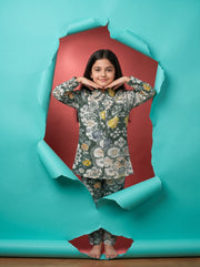 Green Shirt Collar Floral Print Pure Cotton Night Suit For Kids