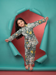 Green Shirt Collar Floral Print Pure Cotton Night Suit For Kids
