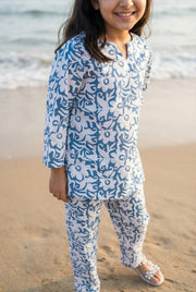 Blue Floral Print Round Neck Cotton Night Suit For Kids