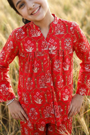 Red Floral Print Mandarin Collar Pure Cotton Night suit Set For Kids