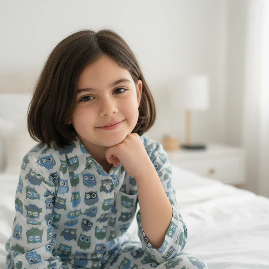 White Pure Cotton Printed Shirt Collar Night Suit for Kids - SanskrutiHomes 