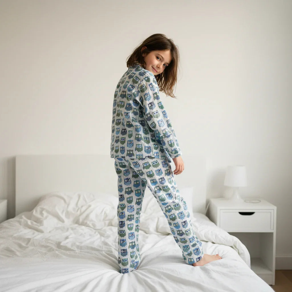 White Pure Cotton Printed Shirt Collar Night Suit for Kids - SanskrutiHomes 