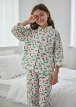 White Printed Pure Cotton Shit Collar Night Suit for Kids - SanskrutiHomes 