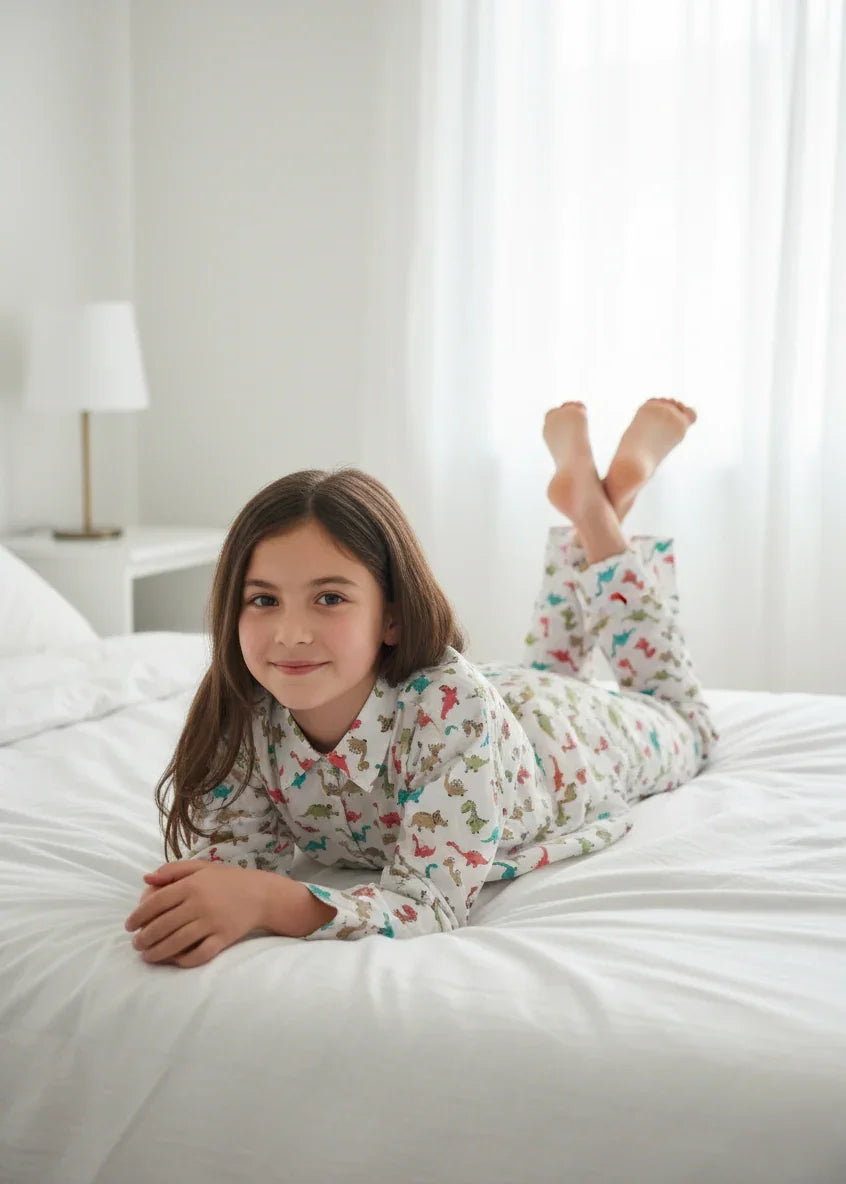 White Printed Pure Cotton Shit Collar Night Suit for Kids - SanskrutiHomes 