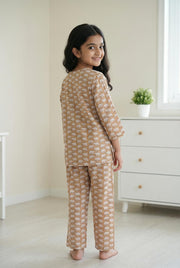 Brown Round Neck Elephant Printed Cotton Kids Night Suit