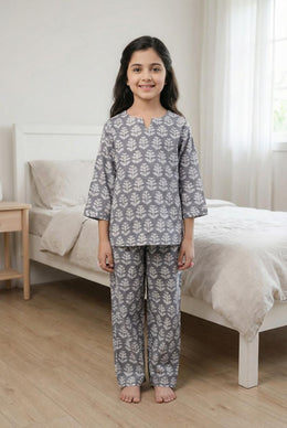 Grey Mandarin Collar Floral Print Cotton Kids Night Suit