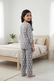 Grey Mandarin Collar Floral Print Cotton Kids Night Suit