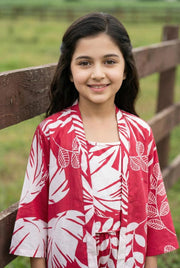 Pink Round Neck Pure Cotton Floral Print Night Suit Set For Kids