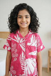Pink Floral Print Lapel Collar Cotton Night Suit For Kids