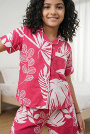 Pink Floral Print Lapel Collar Cotton Night Suit For Kids