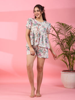 Women Green Printed Cotton Night Suit Set