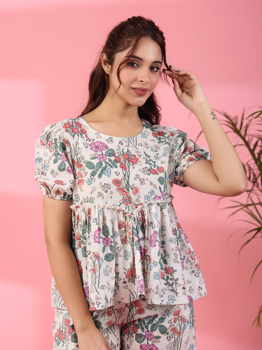 Women Green Printed Cotton Night Suit Set