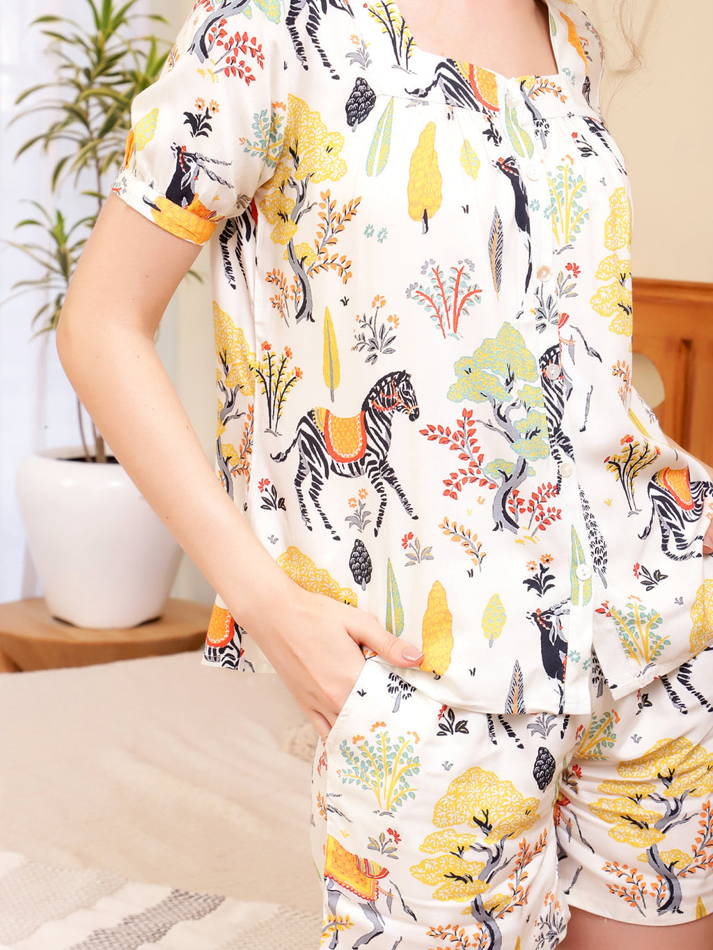 Women's Viscose Rayon Cream Conversational Print Night Suits