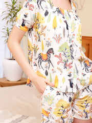 Women's Viscose Rayon Cream Conversational Print Night Suits