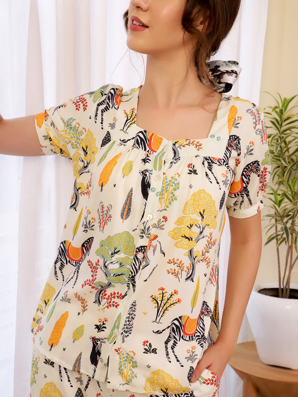 Women's Viscose Rayon Cream Conversational Print Night Suits